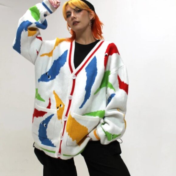 Multicolor Artsy Worm on a String Cardigan Sweater - Picture 2 of 8